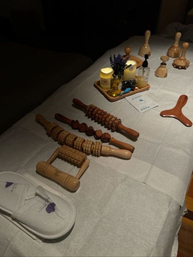 Aromatherapy oils and wood therapy tools